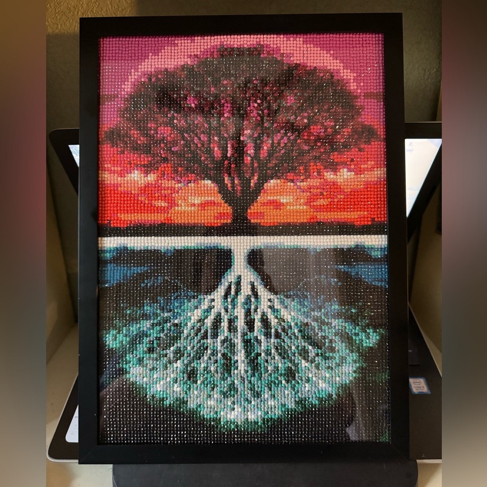 Completed tree diamond art framed added glue sealant